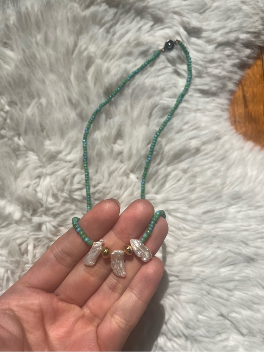 Handmade faux baroque pearl teal beaded necklace 18 inches